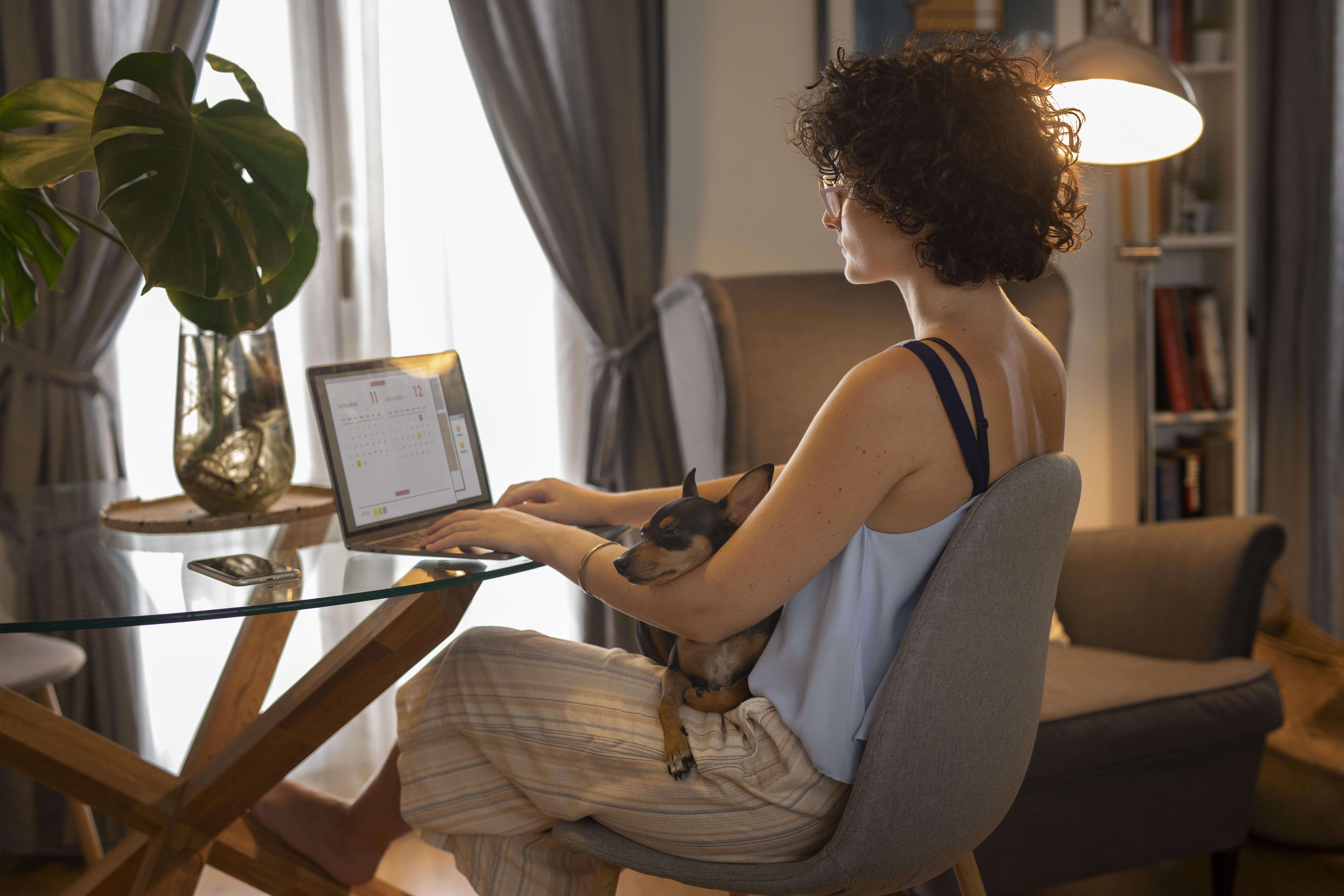 Person working from home with pet dog