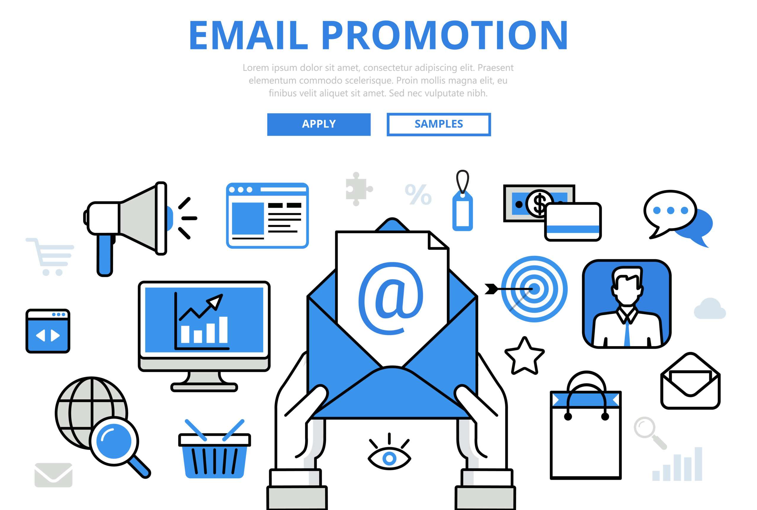 Email promotion digital marketing online promo concept flat line art icons.