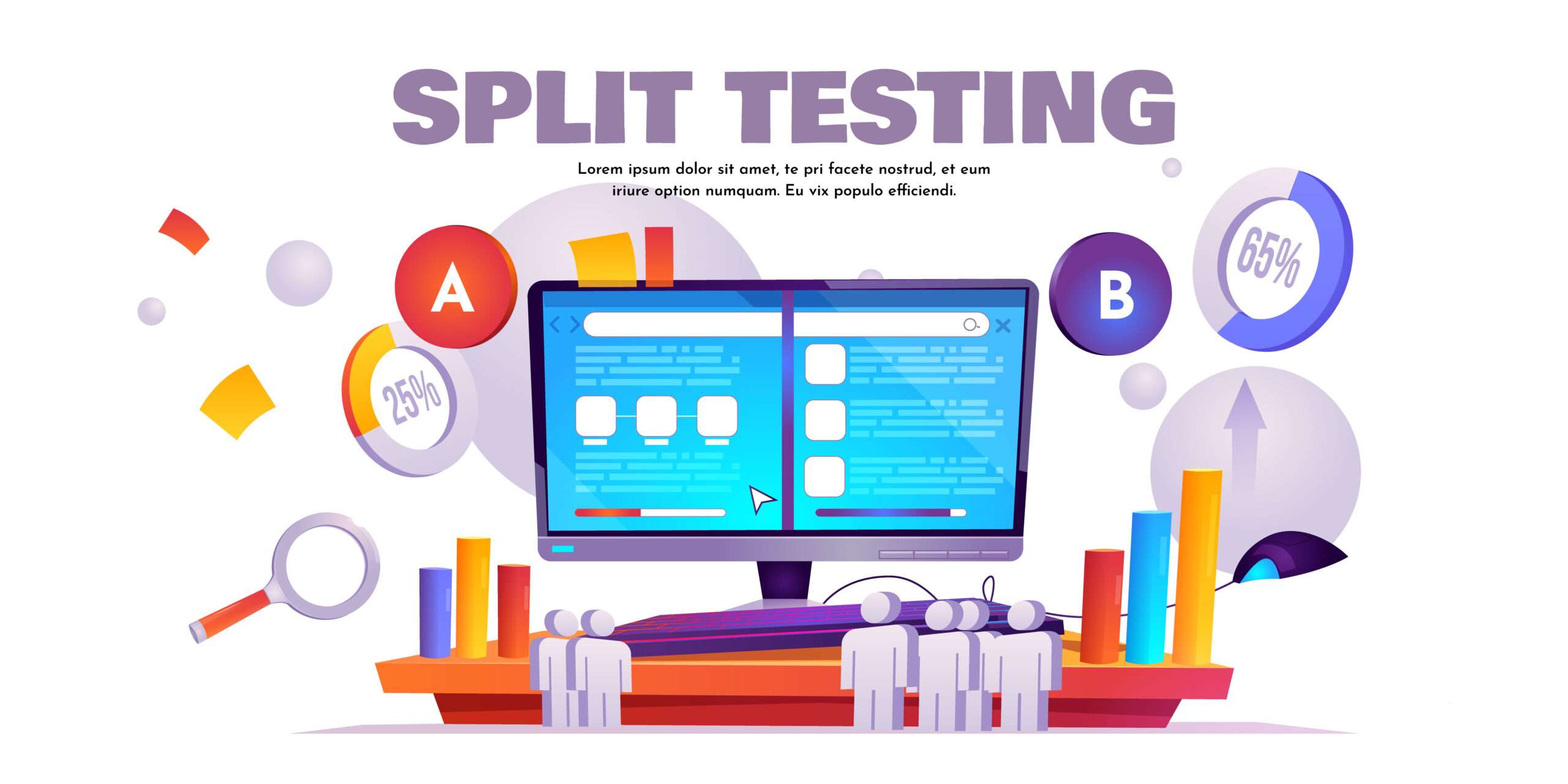 A B split testing cartoon banner, website comparison
