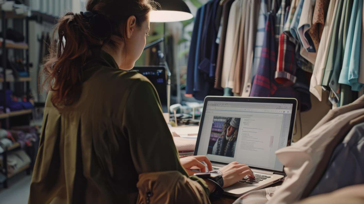 Clothing shop owner working on her online store on a laptop between the clothes rails