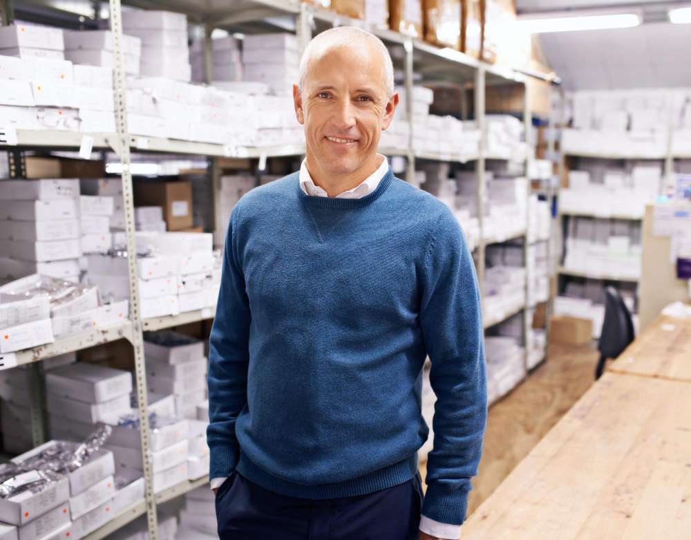 Smiling business owner in a blue jumper standing in his stockroom, the kind of local firm SEO helps get found