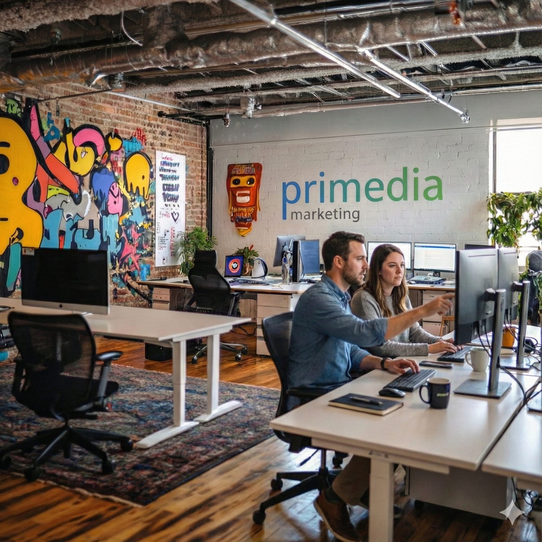 Primedia Marketing team working on social media campaigns in the Swansea studio