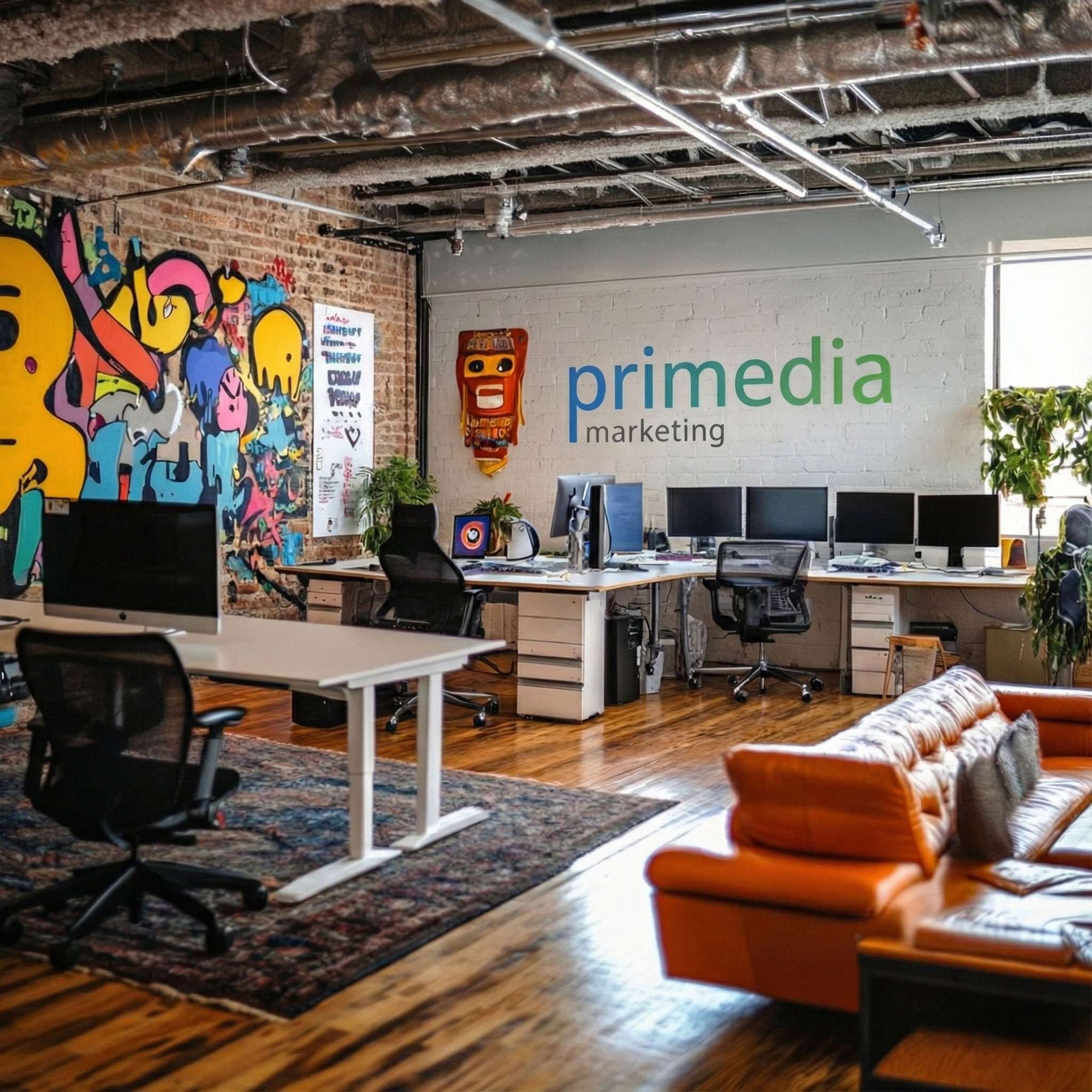 The Primedia studio in Swansea, with our logo on the white brick wall, a graffiti mural, rows of desks and an orange sofa