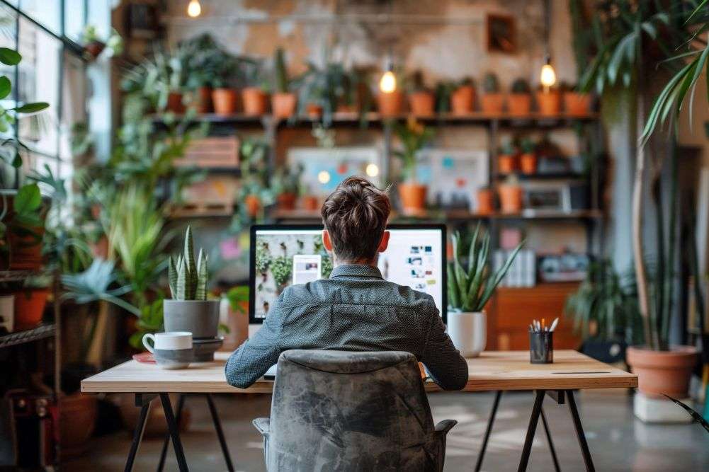 Someone at a desk building a website across two screens, shelves of plants behind