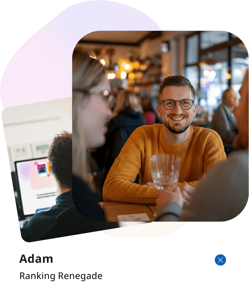 Adam Rees smiling at a café table, on a profile card reading Adam, Ranking Renegade