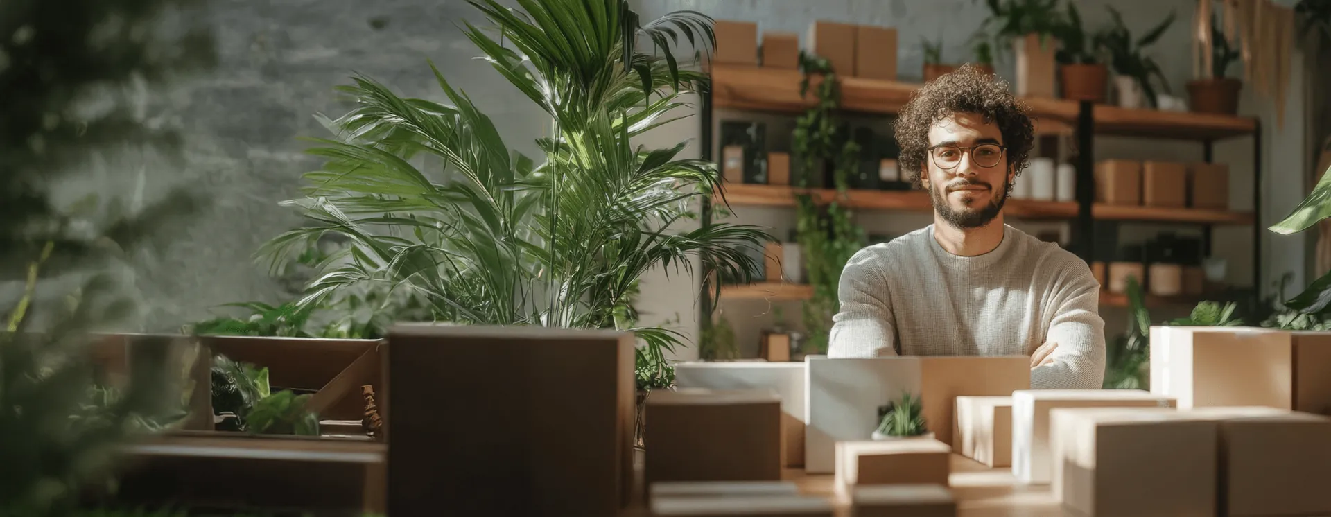 Smiling man in glasses sitting among potted plants, shelves and cardboard parcel boxes