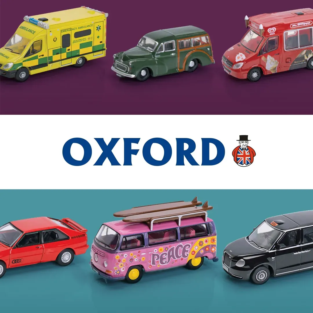 Oxford Diecast logo between rows of model ambulances, vans, buses and cars