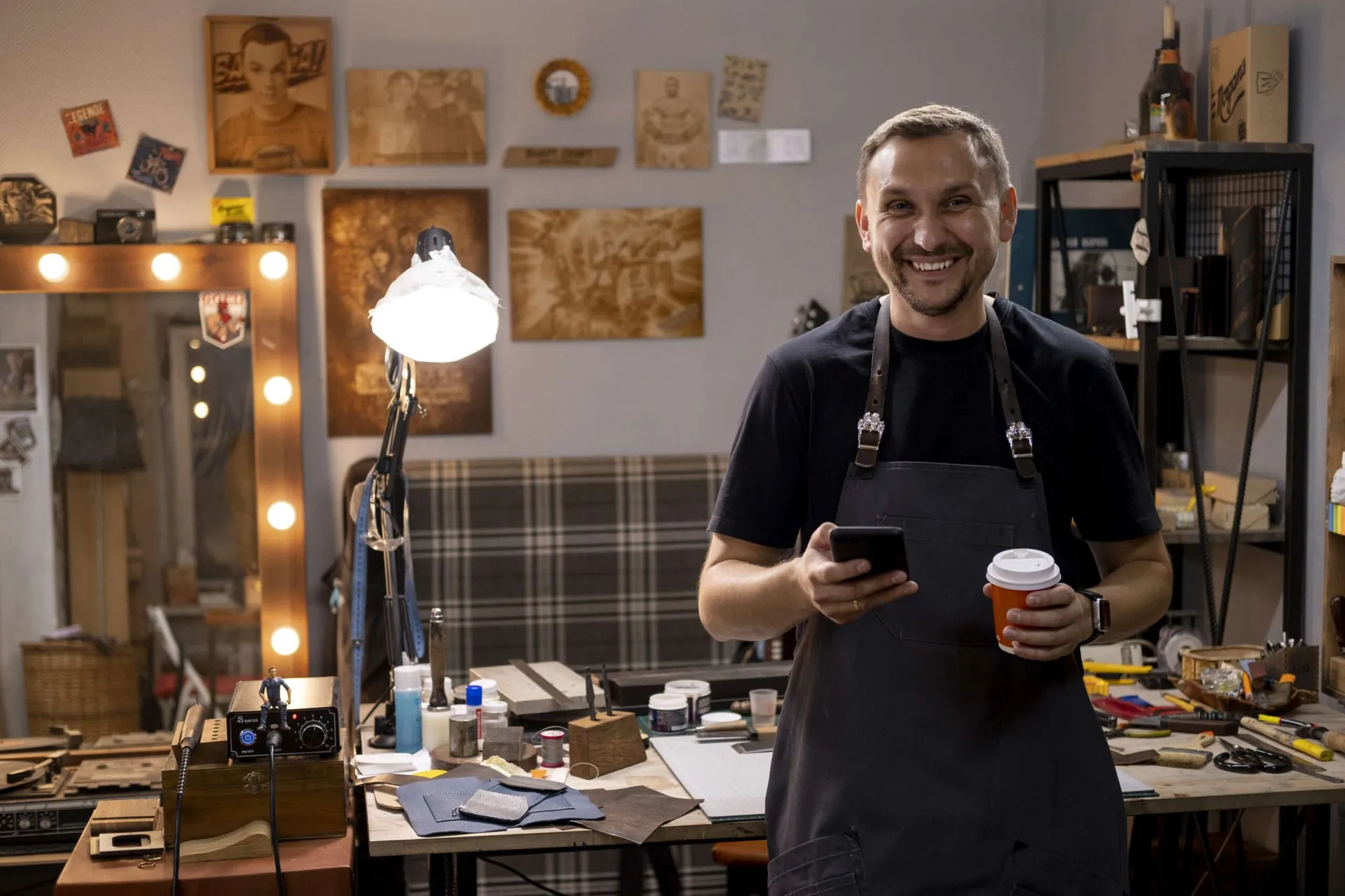 Smiling craftsman in an apron holding a coffee and phone in his workshop